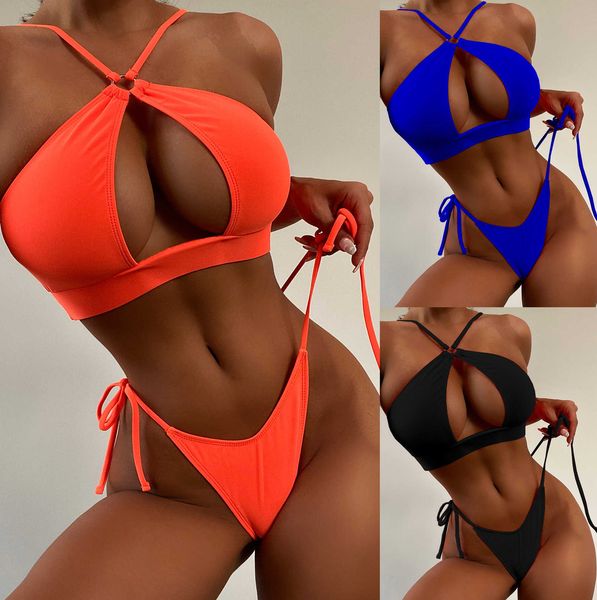 

women's swimwear new swimwear women 2023 summer bikini solid color cutout cross tie split swimsuit bikini set quality seaside beach clo, White;black