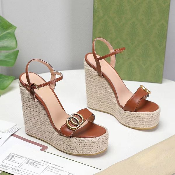 

straw weaving wedge platform slope root sandals ankle strap exposed toe leather slip on flats luxury designer womens high heeled factory foo, Black