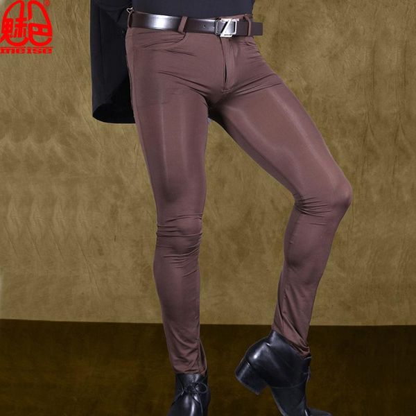 

pants men transparent pants ice silk see through elastic tight trousers silky pencil pants erotic lingerie club gay wear f90, Black