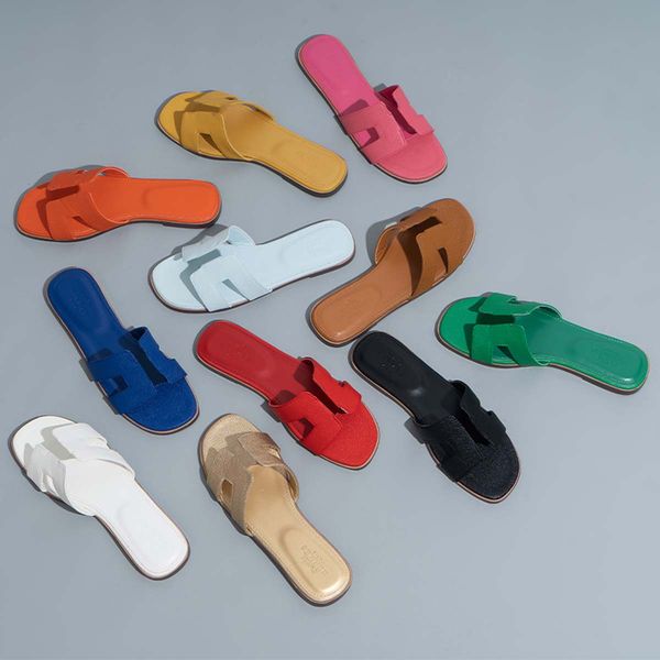 

designer slides women h sandals fashion leather slippers summer flat oran slide shoes ladies beach sandal party wedding slipper size 36-42, Black