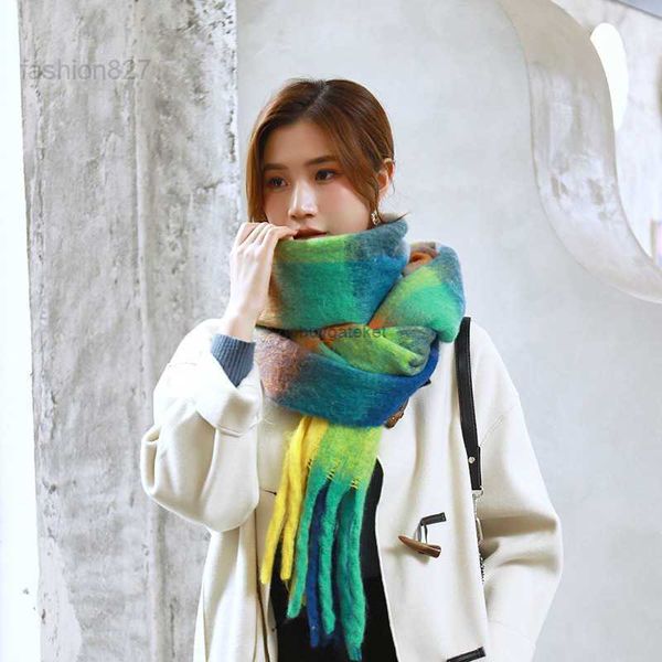 

scarves 2022 colorful candy ac the same style of autumn and winter imitation cashmere scarf for women's rainbow thick whisker plaid tas, Blue;gray