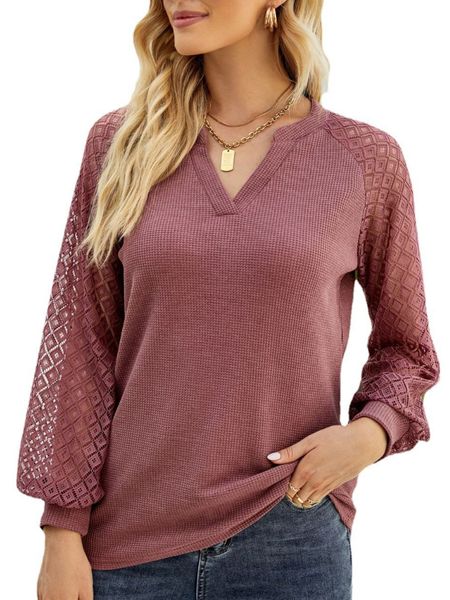 

women long sleeve v-neck solid pullover lace t-shirt for spring, White