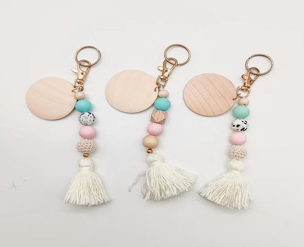 

foreign trade beaded food grade silicone beaded keychain can be printed round pendant key ring multicolor optional5630205, Silver