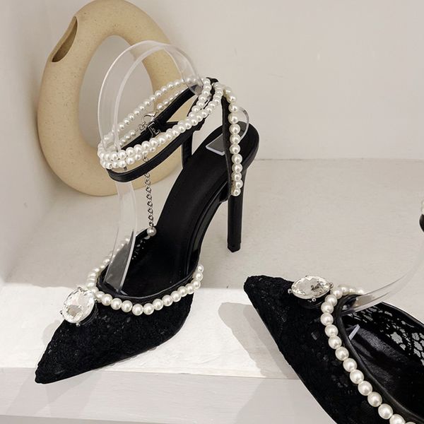 

liyke ins style mesh pointed toe glitter crystal women pumps string bead ankle strap wedding high heels party prom shoes, Black