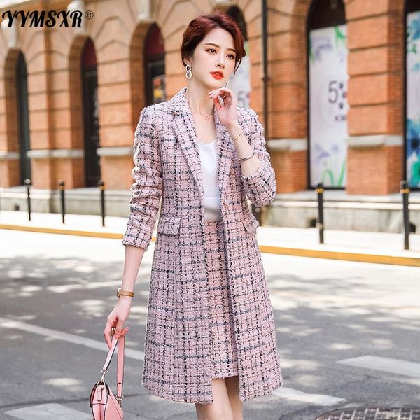 

pants new autumn and winter women's skirt suit 2piece suit plaid long office jacket elegant slim high waist skirts 2022, White