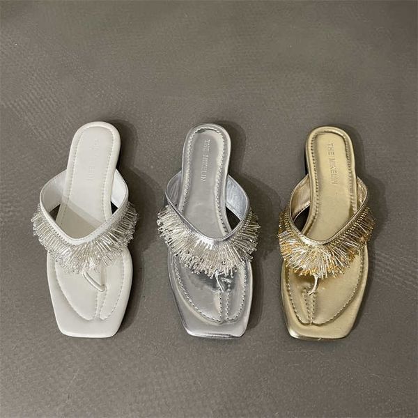 

small design handmade tassel nail beaded open clip toe herringbone slippers 2023 summer new flat bottom versatile sandals, Black