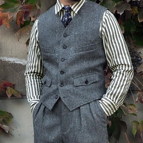 

blazers men's suit vest gray herringbone tweed v neck single breasted england style vintage waistcoat 4 pockets grooms wedding vests, White;black