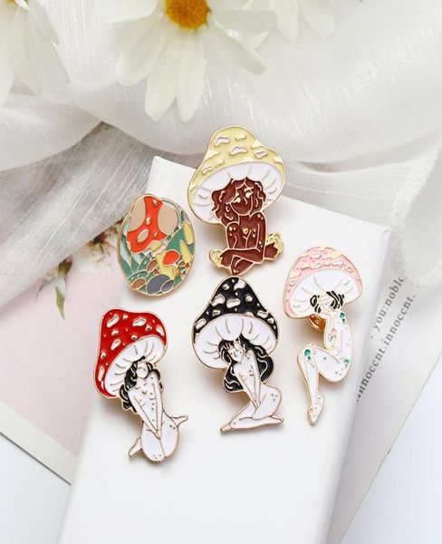 

fashion character pattern gold plated enamel pins creative mushroom girl brooches 5pcs set paint brooch for women denim shirt bad8140306, Gray