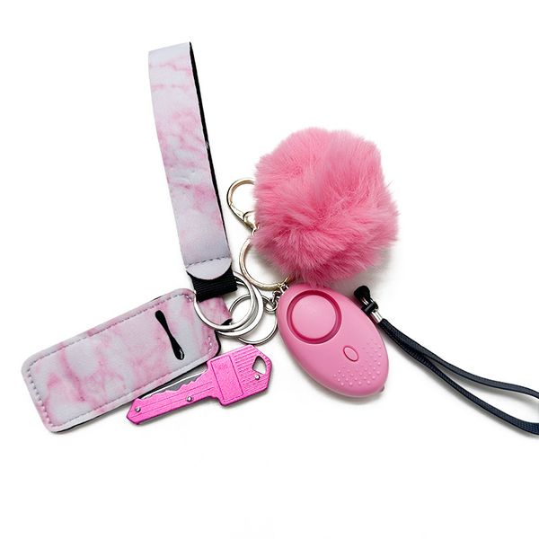 

pink 8 coloe selling women's self-defense keychain five-piece alarm hook with liquid bottle sleeve hairball knife security keychain, Silver