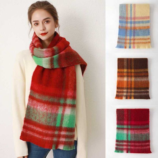 

imitation cashmere scarf shawl han dongmen new mohair soft waxy tassels ac plaid women autumn and winter, Blue;gray
