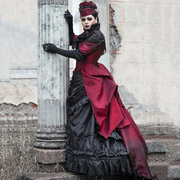 

gothic victorian style wedding dress black and dark red steampunk medieval gowns for women ruched high neck vestido 2023, White