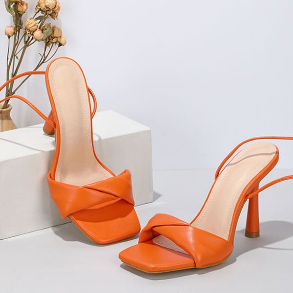 

size 35-42 womens orange cross-tied strappy heels gladiator sandals fashion pleated square toe lace-up stiletto dress shoes, Black