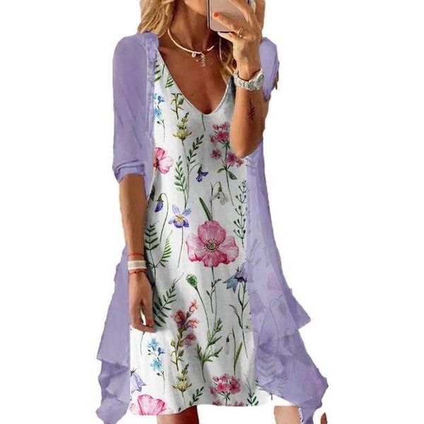 

summer womens mid skirt two dress piece set flowers and plants printed v neck chiffon outer, Black;gray