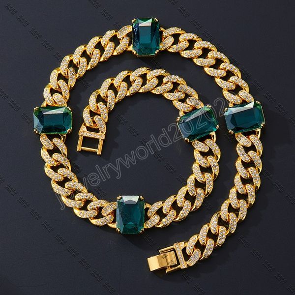 

new bling iced out cuban link chain green pendant gold necklace for women&men fashion choker hip hop jewelry men luxury gift, Silver