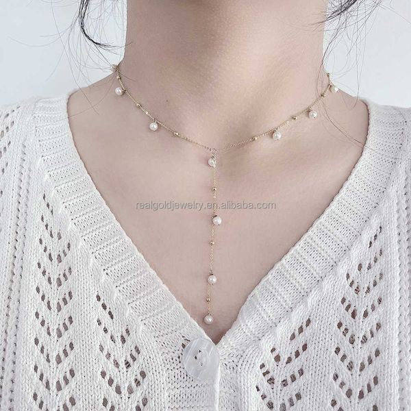 

popular pearl necklaces 18k real gold pendant necklace jewelry au750 yellow gold chain necklace for women wedding chinese gold, Silver
