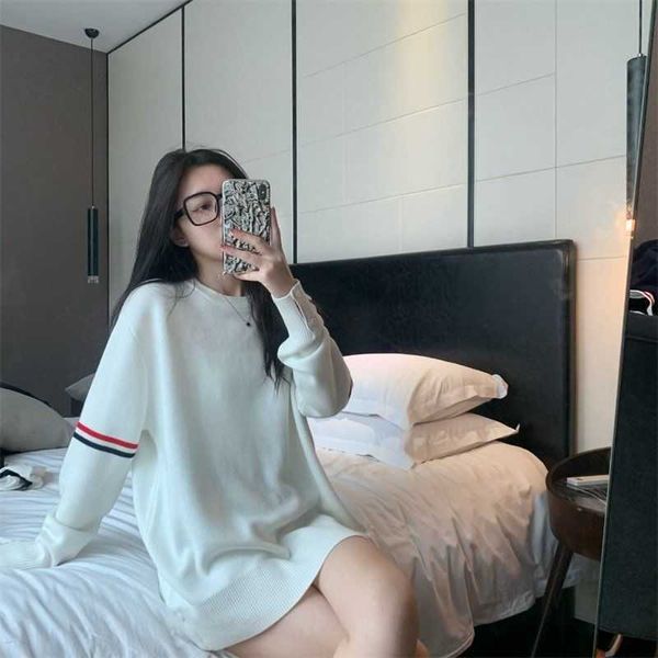

autumn new loose and simple tb double bar long sleeve stripe casual round neck pullover pure knitwear women, Black;brown