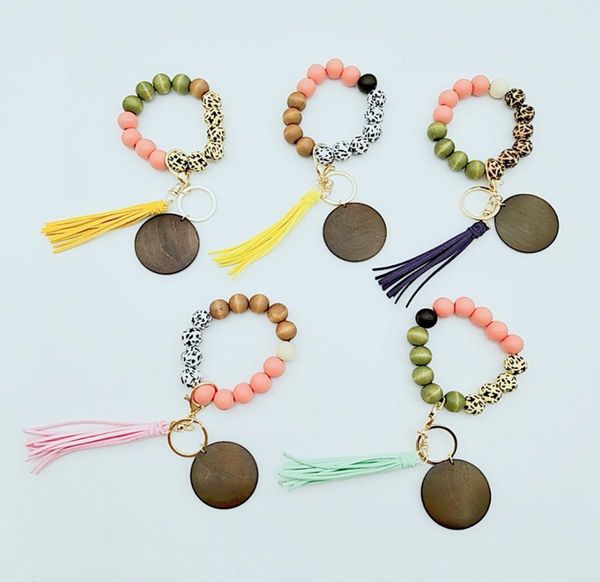

10 styles wooden bracelet keychain with tassels keys diy wood fiber pandent woodwooden bead bangle key decorate fashion lla6833985279, Silver