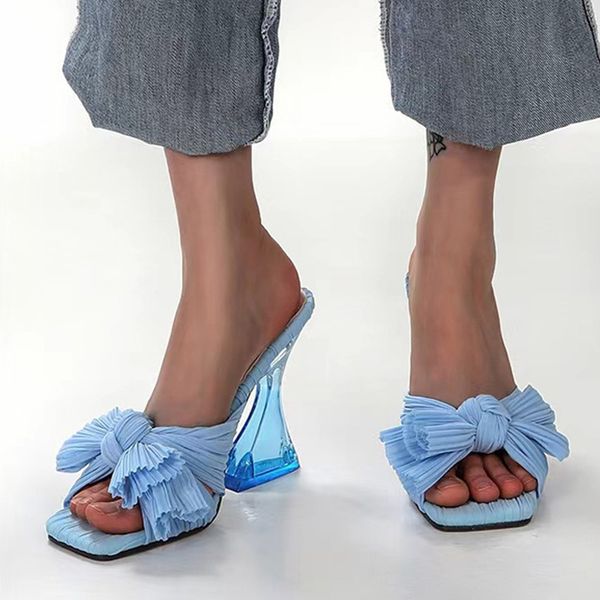 

liyke new butterfly-knot blue womens strange style transparent high heels slippers gladiator sandals square toe shoes female, Black