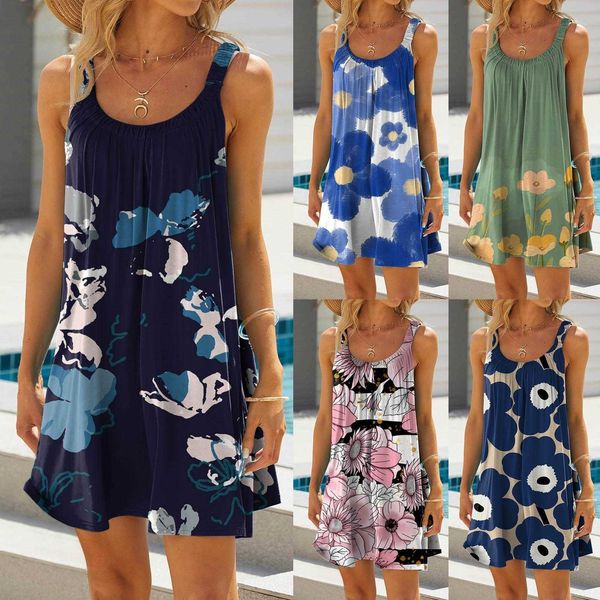 

summer flower womens beach dress printing a word casual strap, Black;gray