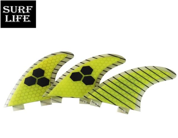 

new surfing accessories drop fiberglass honeycomb carbon strip yellow color medium size g5 tri fin set surfboard fins fcs2227345