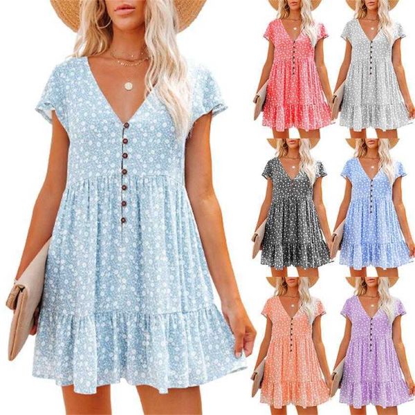 

spring summer casual dresses v neck buttons small floral print short sleeve loose dress womens clothing, Black;gray