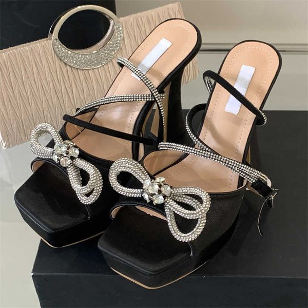 

woman sandals 2023 runway style square toe woman crystal butterfly-knot buckle strap high heels nightclub designer shoes 230511, Black