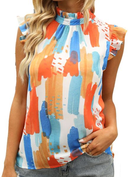 

womens sleeveless printed chiffon pleated neck colorful shirt, White