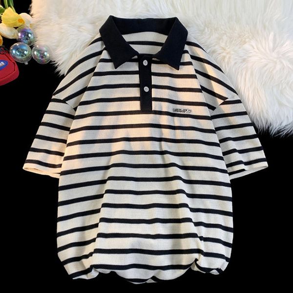 

legible summer short sleeve t shirts men casual turn down collar t-shirts male loose striped tee shirt, White;black