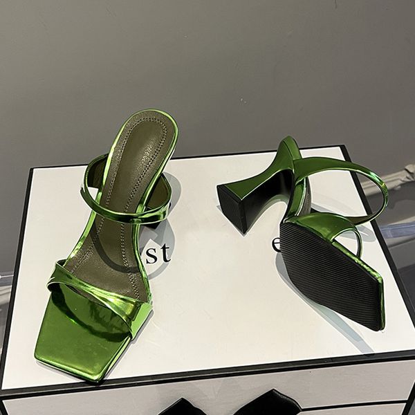 

liyke green patent leather strange heels slippers street woman square toe dress party shoes summer sandals, Black