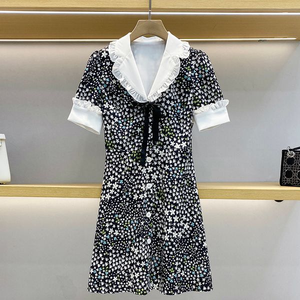 

2023 women designer summer dress clothing robes french style small skirt v-neck bubble sleeve star floral dress, Black;gray
