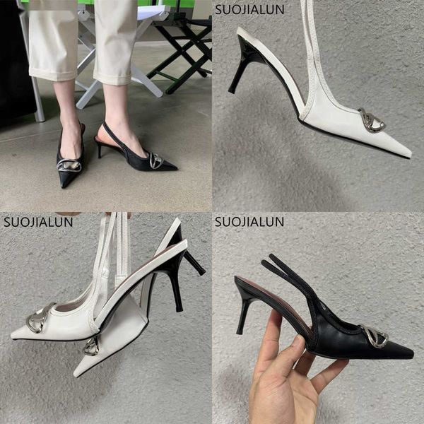

summer sandals spring new brand women sandal fashion metal buckle ladies elegant dress slingback shoes pointed toe thin high pumps 230511, Black