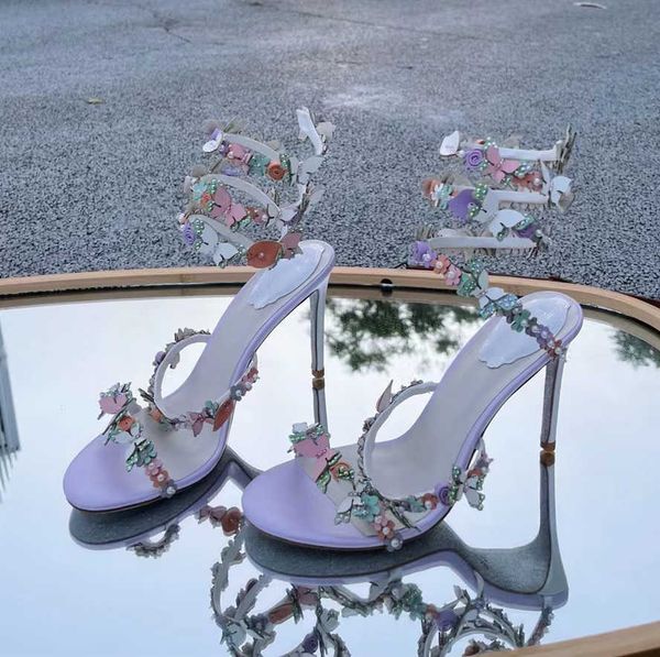 

rene caovilla high heel sandals butterfly flower decorative 9.5cm women dress shoes snake wrapped feet rings summer open toe pearl designer, Black