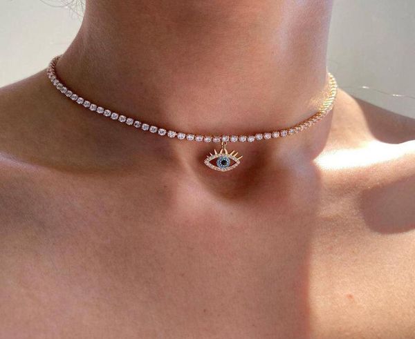 

s3070 fashion jewelry evil eye necklace for women rhinestone chain blue eyes pendant choker necklaces3248364, Silver