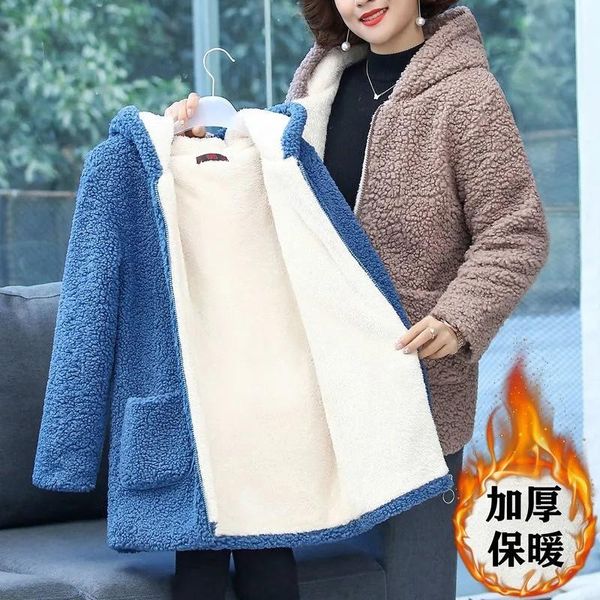 

fur mother winter women fur lambswool polar fleece plus velvet cotton jacket coat oversized overcoat hooded outerwear parkas female, Black