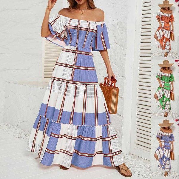 

summer vacation style large swing dress striped off shoulder for women, Black;gray