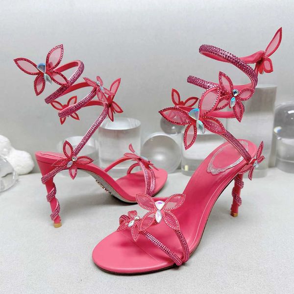 

rene caovilla high heels sandals designer women dress shoes 9.5 cm serpentine wraparound crystal bow fashion party stiletto heel wedding sho, Black