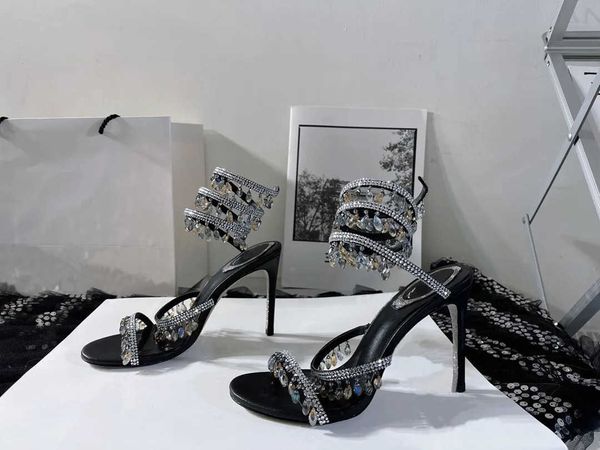 

rene caovilla s pumps sandals designer margot chandelier jewel sandal women elegant crystal snake cleo ankle fashion high heels sandal size, Black