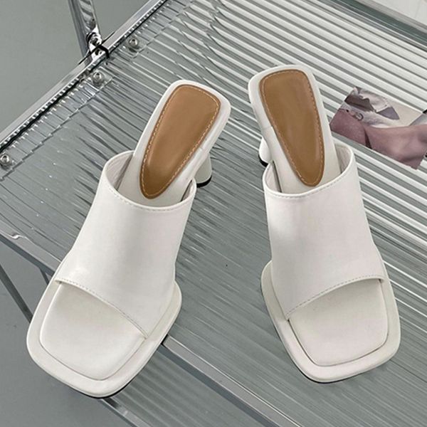 

new blue slippers sandals women summer 2023 fashion square toe high heels platform shoes outdoor cozy pu leather slides, Black
