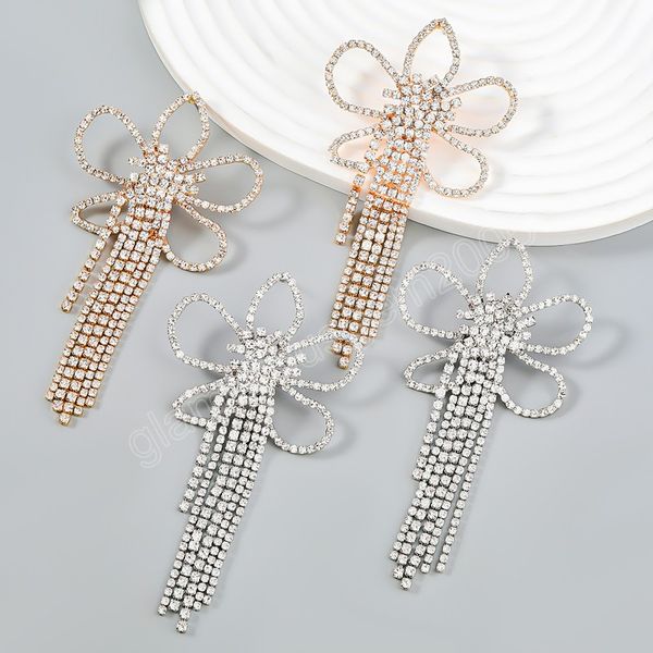 

shiny rhinestone flowers dangle earrings for women fashion jewelry party lady statement earrings accessories, Silver