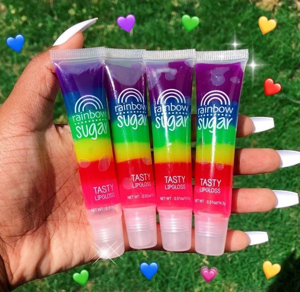 

rainbow sugar tasty lipgloss transparent scented clear fruit lips gloss balm liquid lipstick moisturizing plumper lip oil2516508
