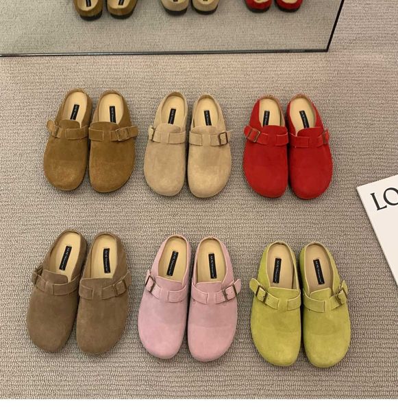 

2023 new spring/summer thick sole genuine leather round toe baotou cool women's shoes lazy half slippers88, Black