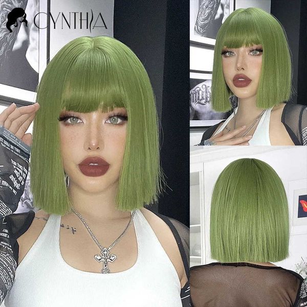 

lace wigs green short bob hair synthetic wig for woman with bangs blonde ombre pink cosplay lolita party heat resistant daily natural hair z, Black;brown