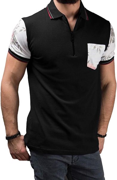 

polo shirts for men slim fit short sleeve men flora print polo shirt, White;black