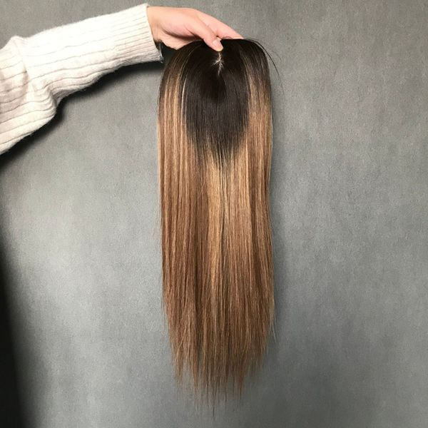 

stock human hair ers ombre b8# brown blonde mixed color machinded injected silk women's toupee highlights hair pieces dark root 6*7 inc, Black;brown