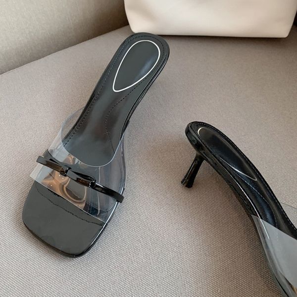 

liyke pvc transparent slippers for woman casual low thin heels mules slides shoes square open toe bowknot design beach sandals, Black