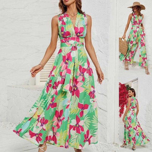 

summer high waist long dress temperament printed deep v for women, Black;gray