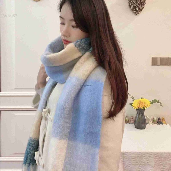 

scarves new ac plaid scarf for women in autumn and winter cashmere rainbow with thick beard warm tassel shawln82t, Blue;gray