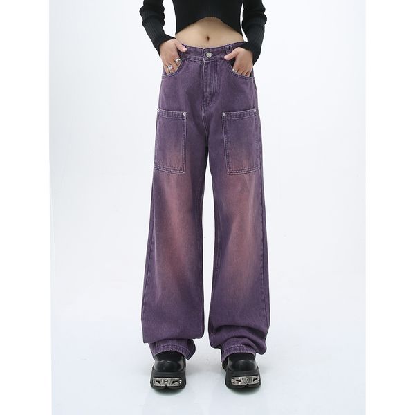 

women's loose denim purple jeans with big pockets violet lady's denim trousers, Blue