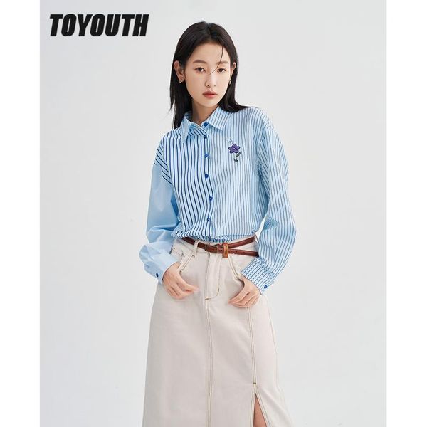 

pants toyouth women shirts 2022 winter long sleeve polo neck loose blouse blue stripes embroidery casual streetwear, Black