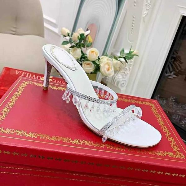 

rene caovilla designers sandals 100% leather new women sandal summer crystal pendant wedding dress shoes heels slides genuine sole slippers, Black
